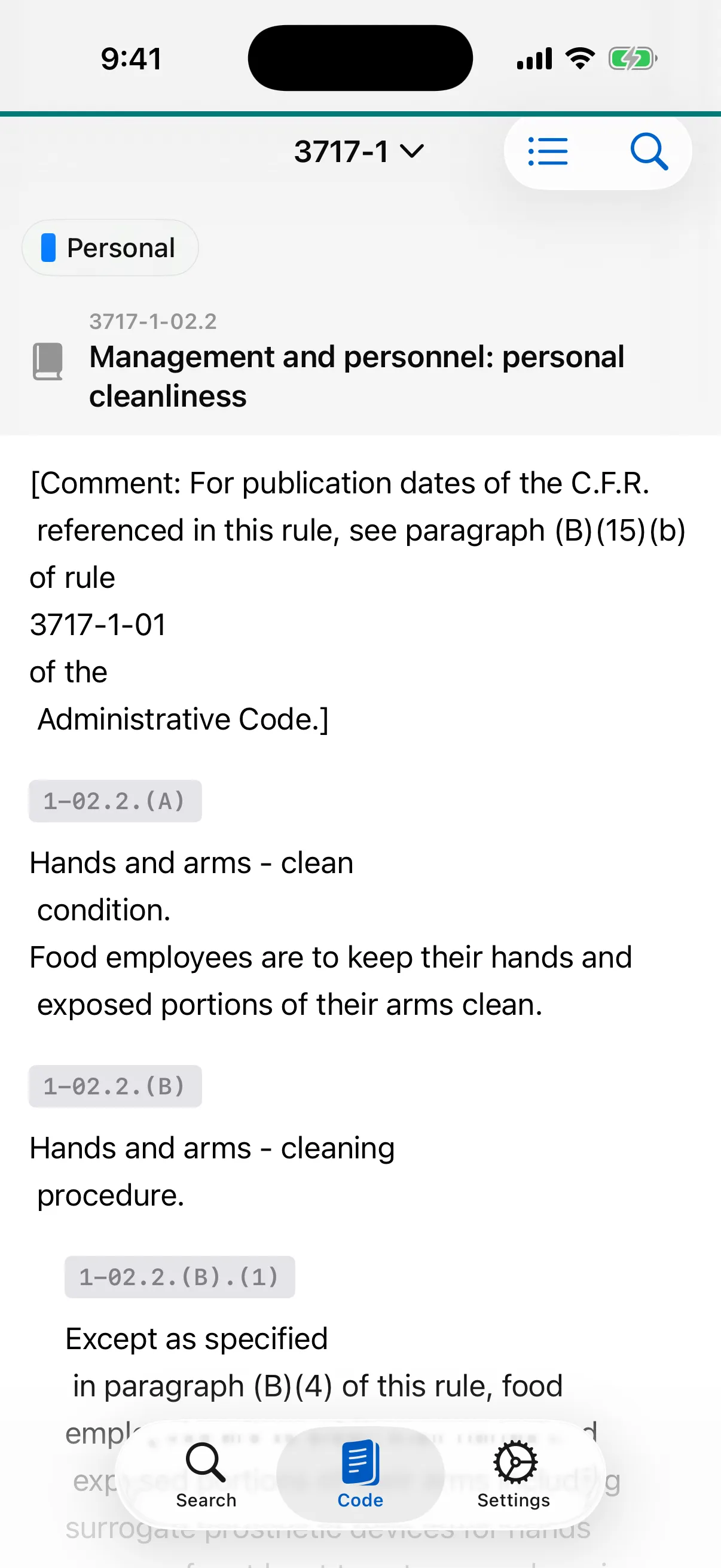 A rule from the Ohio Food Code open in the iPhone app