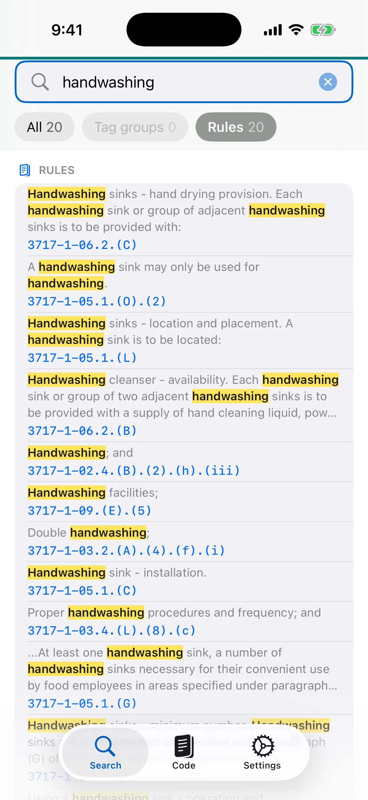 Search results for a keyword in the iPhone app