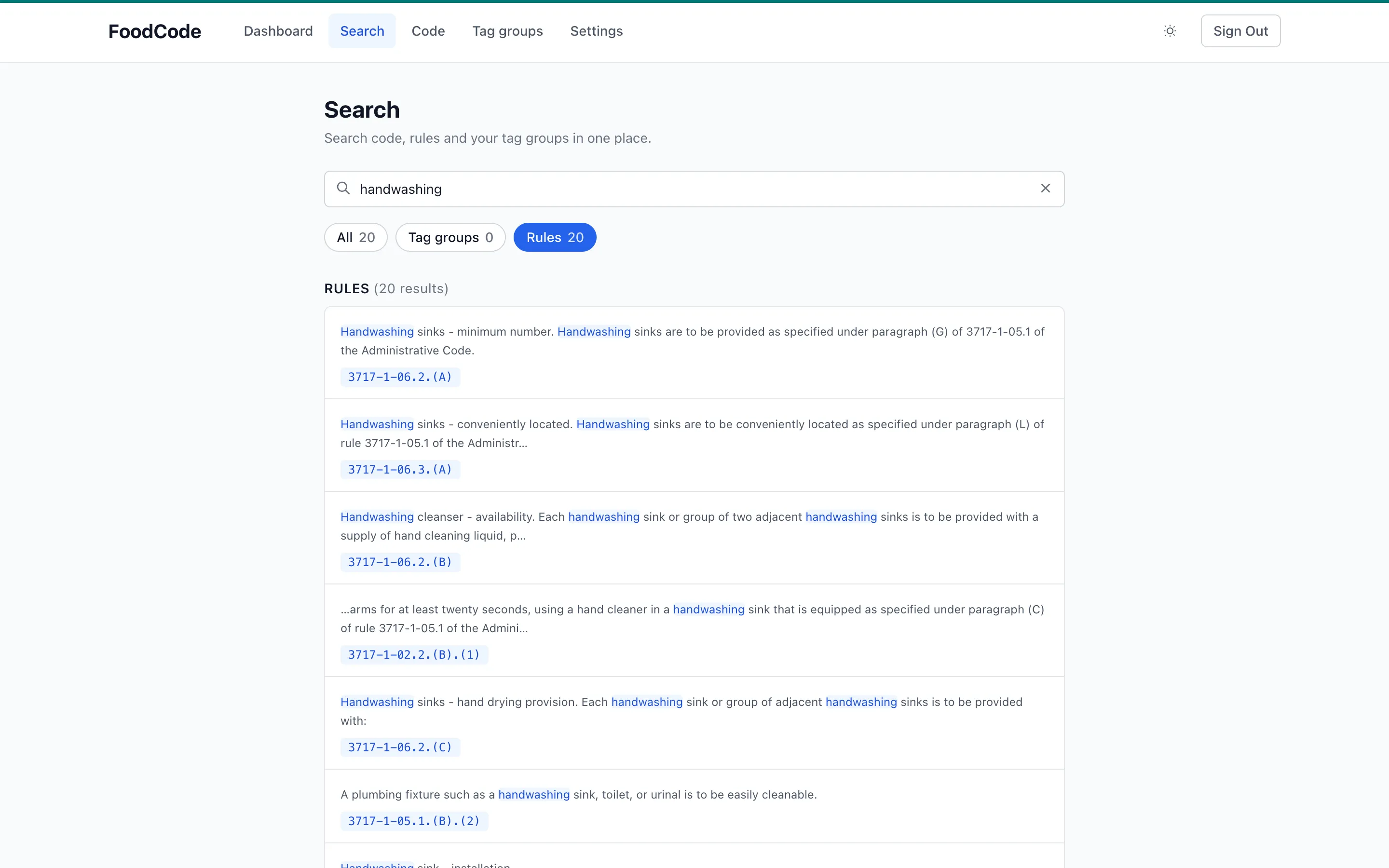 Search results in the web app